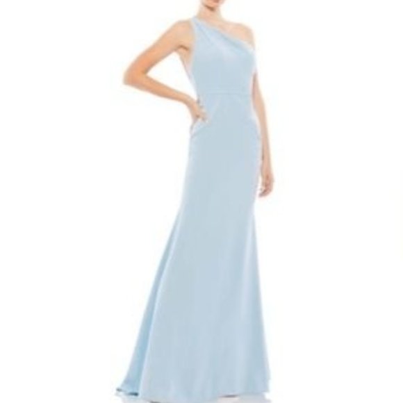 Ieena for Mac Duggal Powder Blue One Shoulder Jersey Dress Gown Mermaid 2 New - Picture 1 of 1
